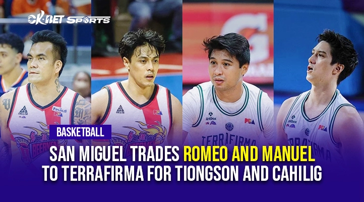 Photo of four basketball players with a text overlay about a basketball trade news announcement.