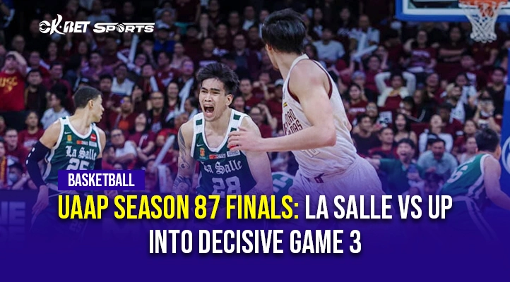 La Salle Vs UP game 2 a man celebrating after winning in basketball game with a background of fans